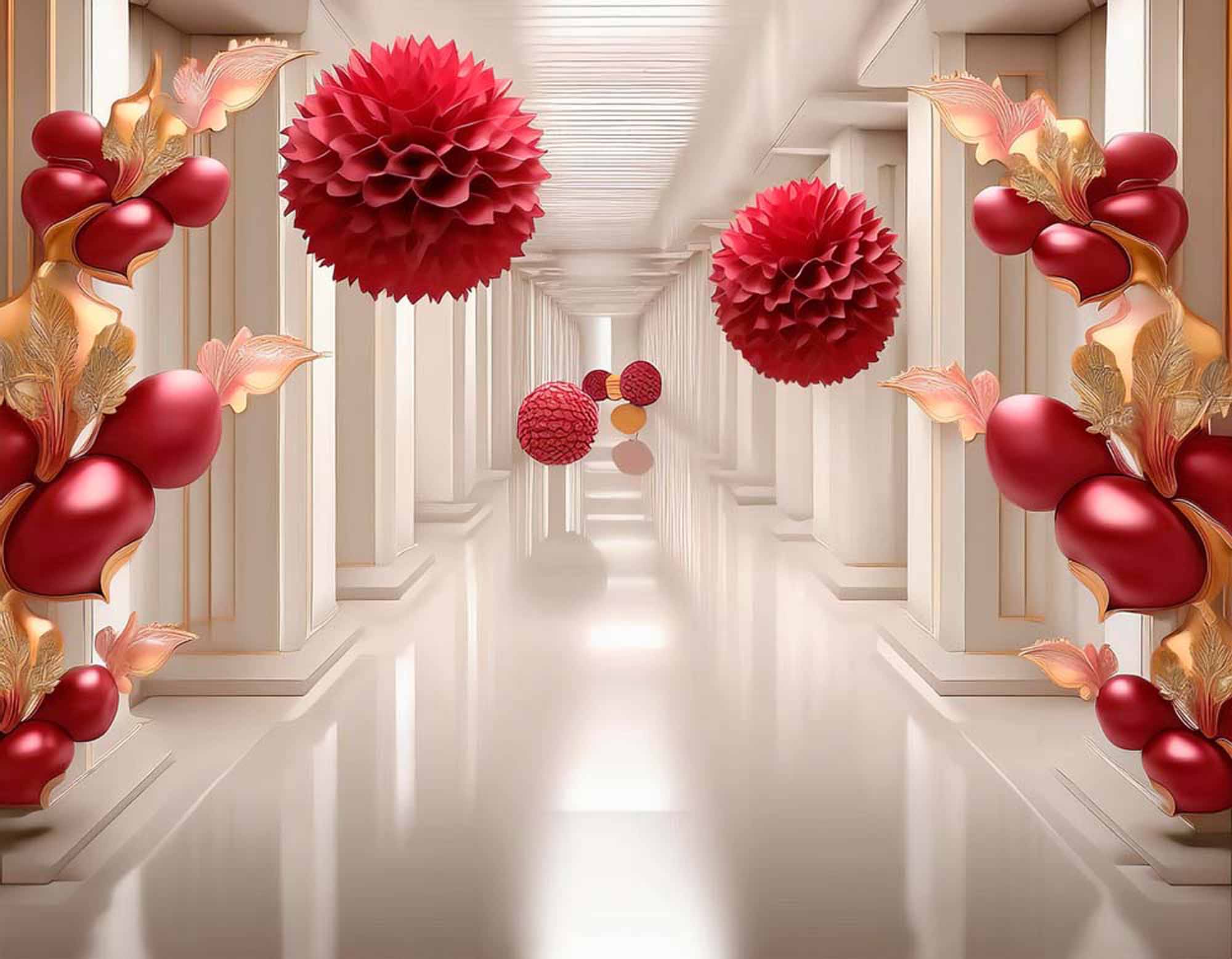 Royal Hallway with Red Floral Design Wallpaper Mural
