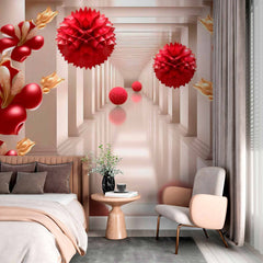 Custom 3D Red Floral and Sphere Design Wallpaper Mural