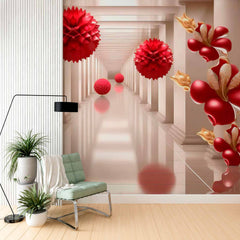 Custom 3D Red Floral and Sphere Design Wallpaper Mural