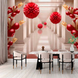3D Red Floral and Sphere Design Wallpaper Mural