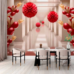 Custom 3D Red Floral and Sphere Design Wallpaper Mural