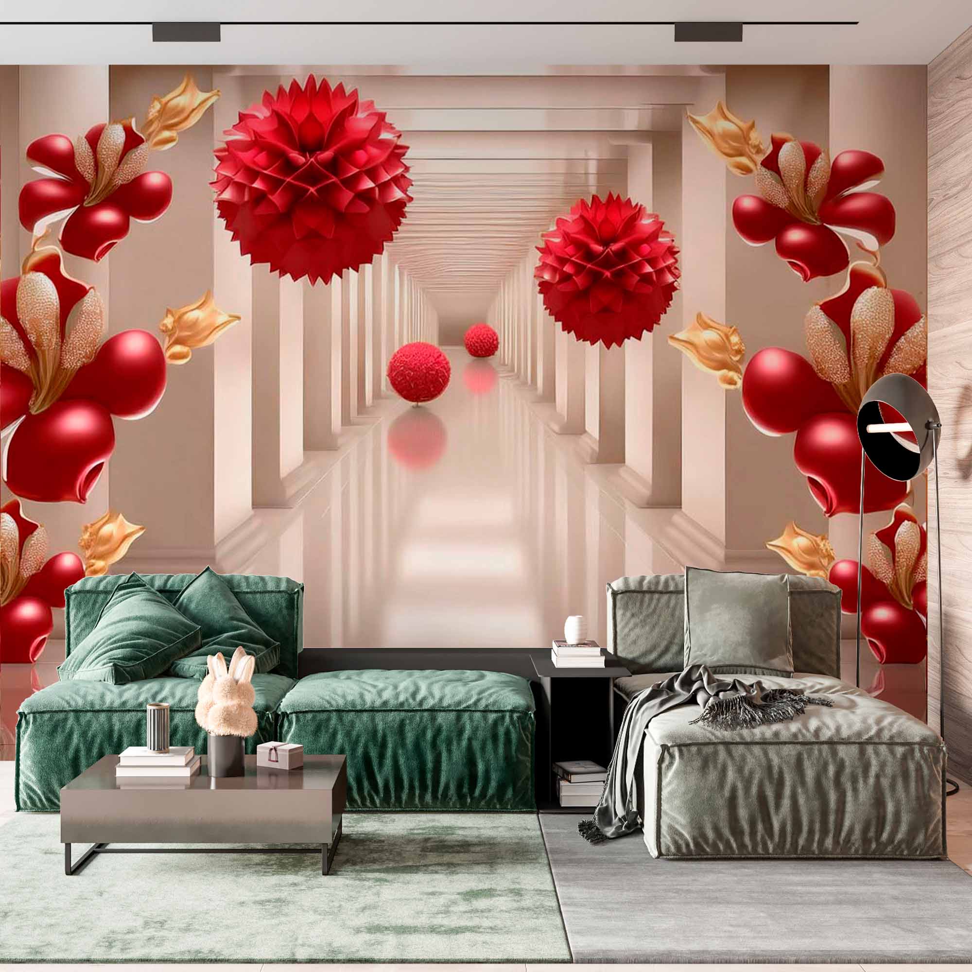 3D Red Floral and Sphere Design Wallpaper Mural