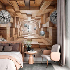 Custom Futuristic Wooden Tunnel Wallpaper Mural