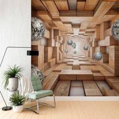 Custom Futuristic Wooden Tunnel Wallpaper Mural