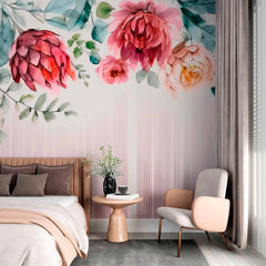 Custom Watercolor Floral Wallpaper Mural - Romantic Flower and Line Design