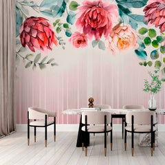 Custom Watercolor Floral Wallpaper Mural - Romantic Flower and Line Design