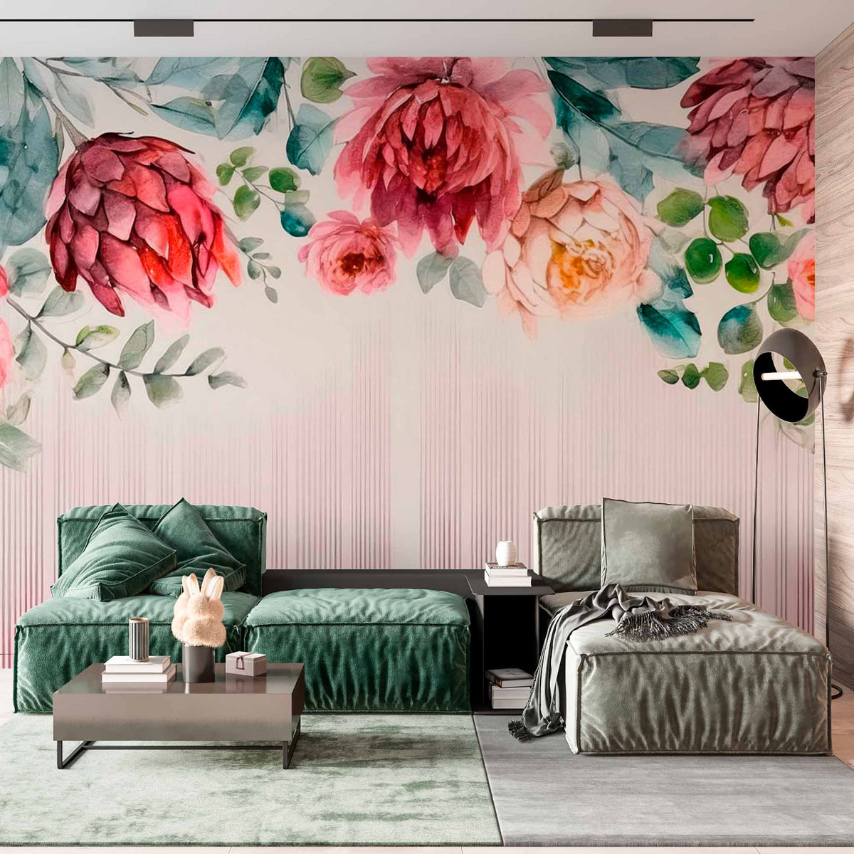 Custom Watercolor Floral Wallpaper Mural - Romantic Flower and Line Design