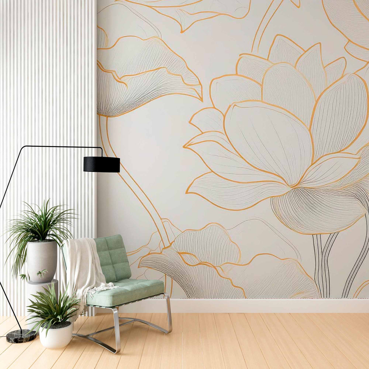 Lotus lijntekening behang – goud en grijs minimalistisch bloemen fotobehang