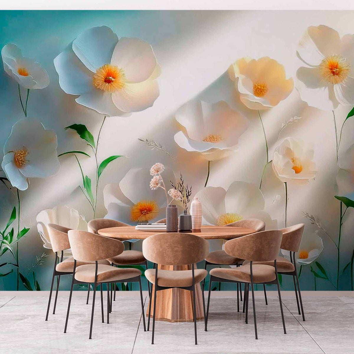 Papier peint coquelicots pastel sur bleu canard – Papier peint panoramique fleurs blanches et bleues