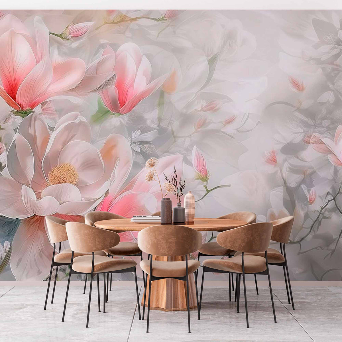 Pastel magnoliabloesem behang – roze bloemen op nevelig grijs fotobehang