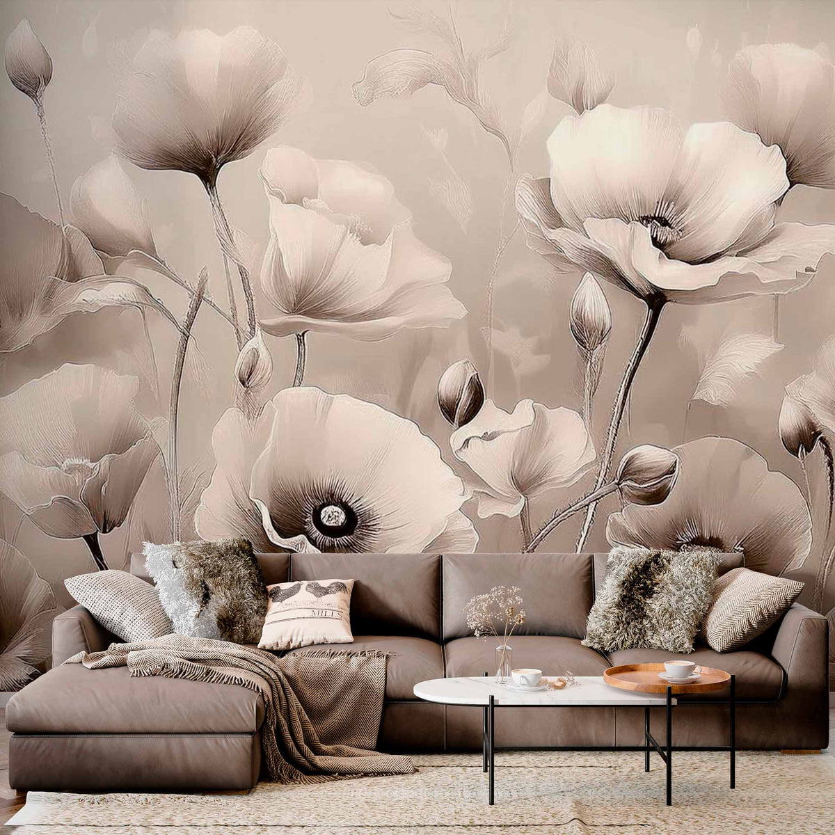 Custom Vintage Floral Wallpaper Mural - Soft Poppy Flower Illustration