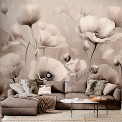 Custom Vintage Floral Wallpaper Mural - Soft Poppy Flower Illustration
