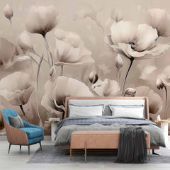 Custom Vintage Floral Wallpaper Mural - Soft Poppy Flower Illustration