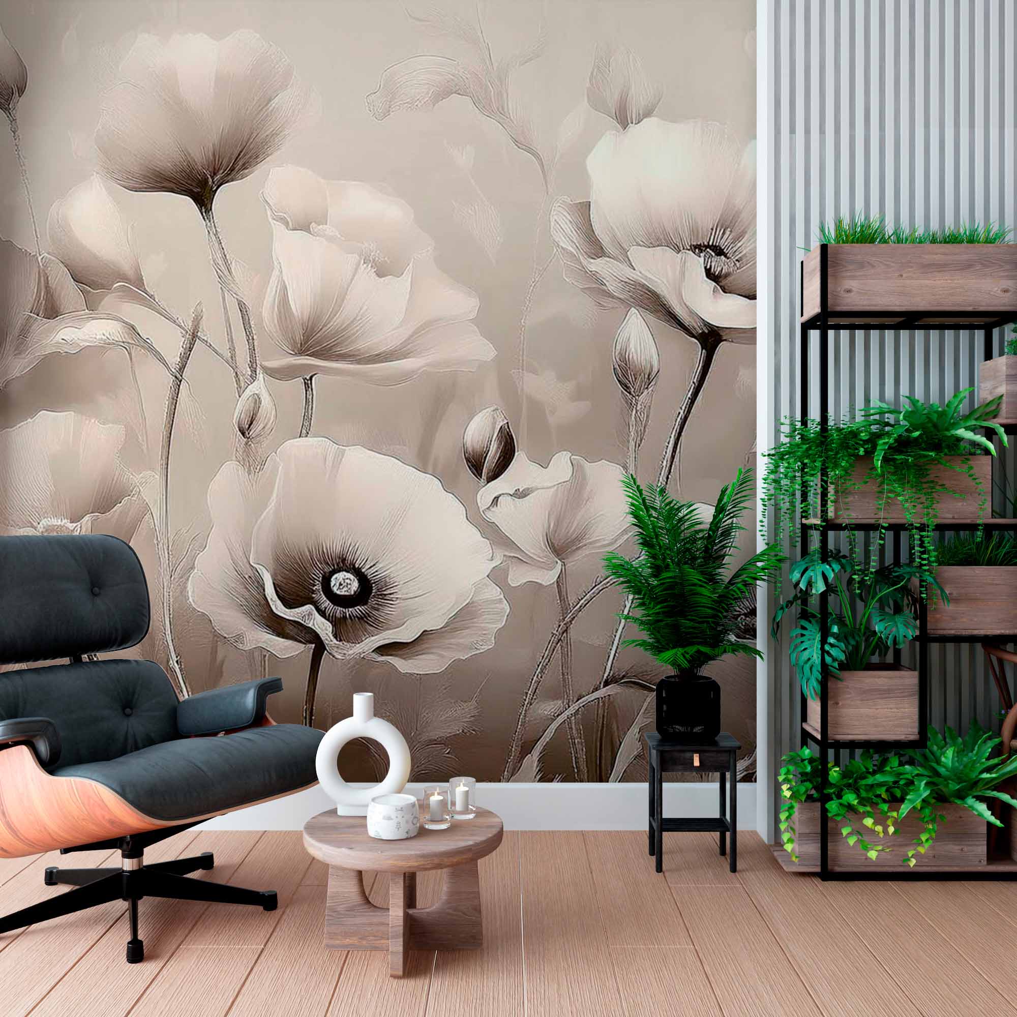Vintage Floral Wallpaper Mural - Soft Poppy Flower Illustration