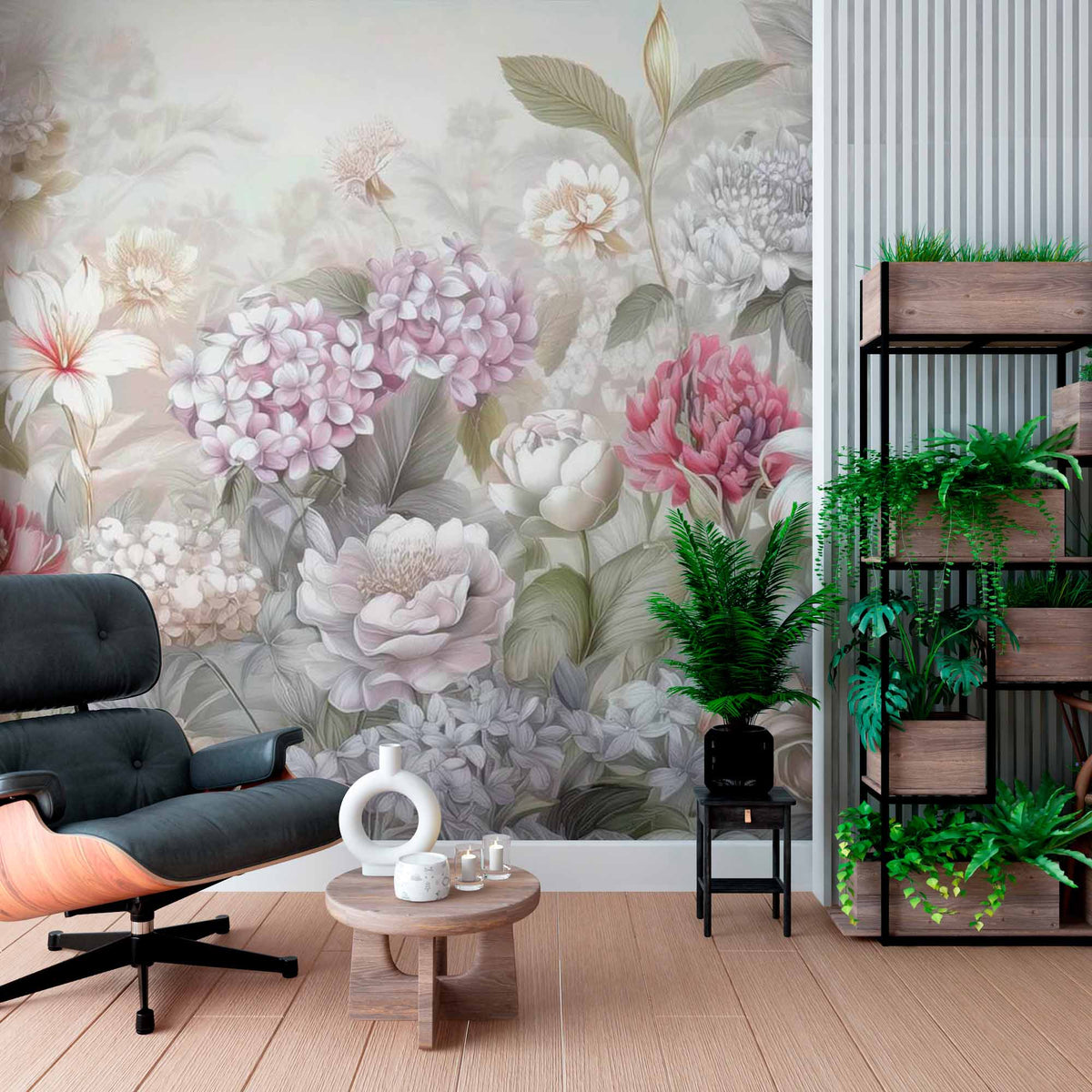 Pastel bloementuin behang – hortensia's en pioenrozen fotobehang