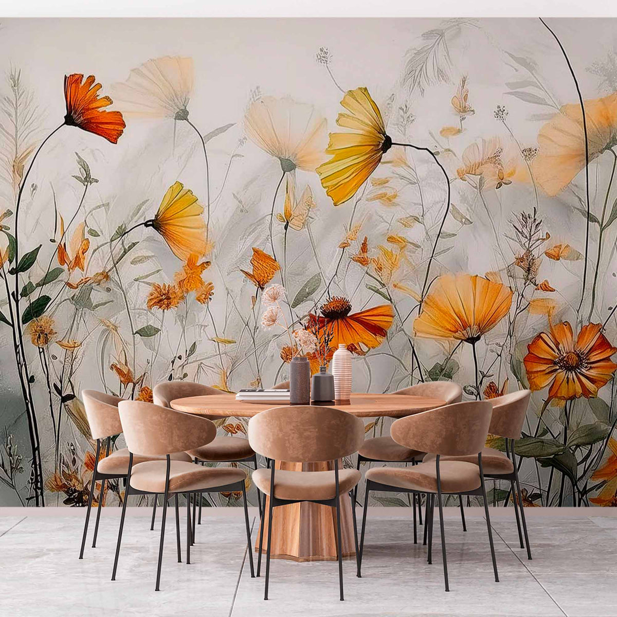 Herfst wilde bloemen behang – oranje klaprozen op lichtgrijs fotobehang