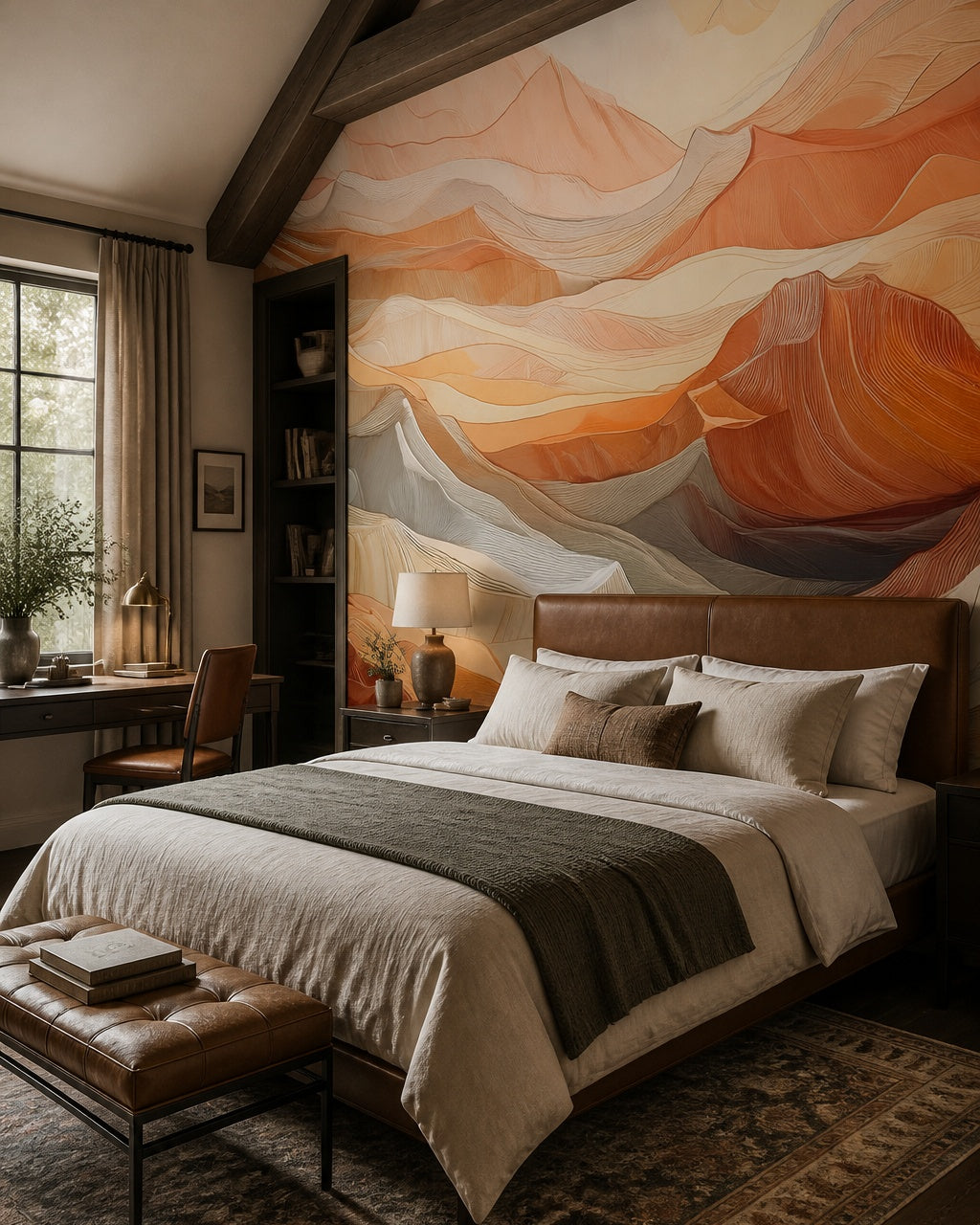 Sunset hills abstract wallpaper in a designer bedroom.