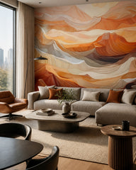 Sunset hills abstract wallpaper in a designer living room.