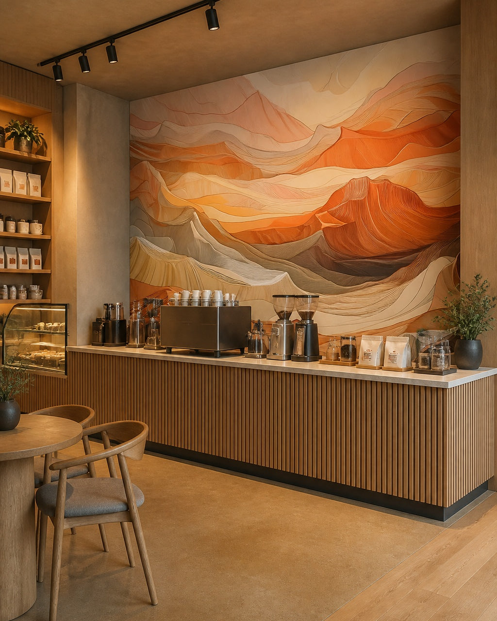 Sunset hills abstract wallpaper in a specialty coffee shop.