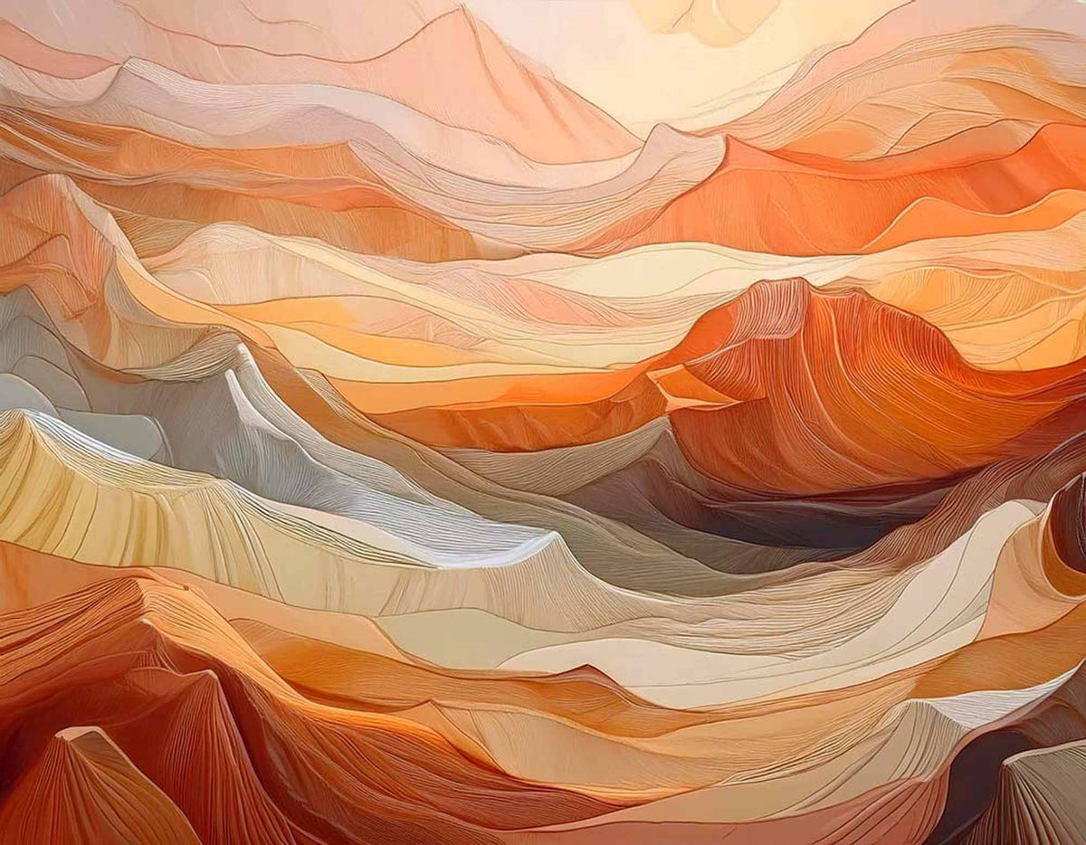 Colinas do pôr do sol – papel de parede abstrato em laranja e bege com paisagem ondulada