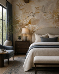 Golden palm leaves wallpaper in a designer bedroom.
