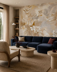 Golden palm leaves wallpaper in a designer living room.
