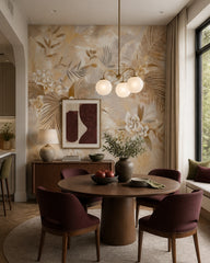 Golden palm leaves wallpaper in a refined dining area.