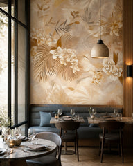 Golden palm leaves wallpaper in a restaurant.