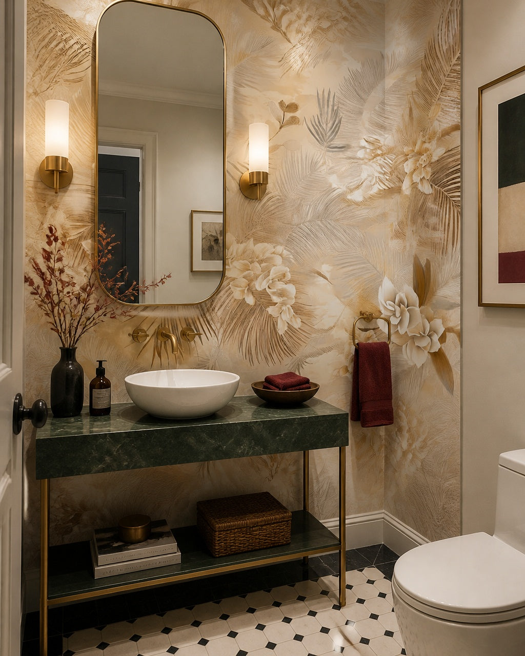 Golden palm leaves wallpaper in an elegant powder room.