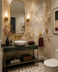 Golden palm leaves wallpaper in an elegant powder room.