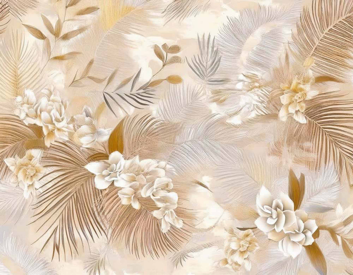 Gouden palmbladeren behang – beige tropische bladeren en bloemen fotobehang