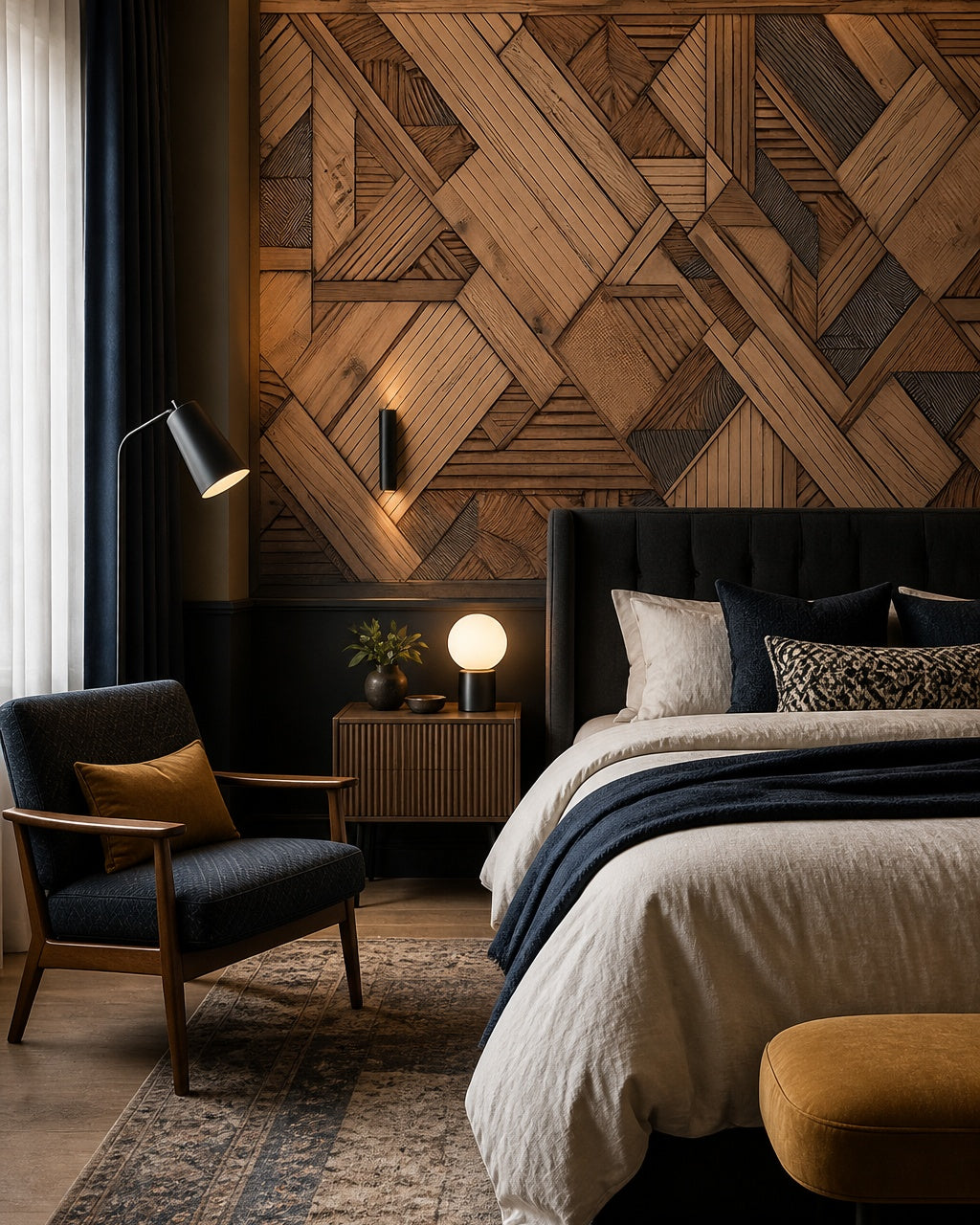Geometric timber wallpaper in a designer bedroom.