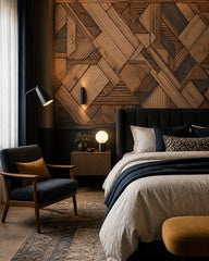 Geometric timber wallpaper in a designer bedroom.