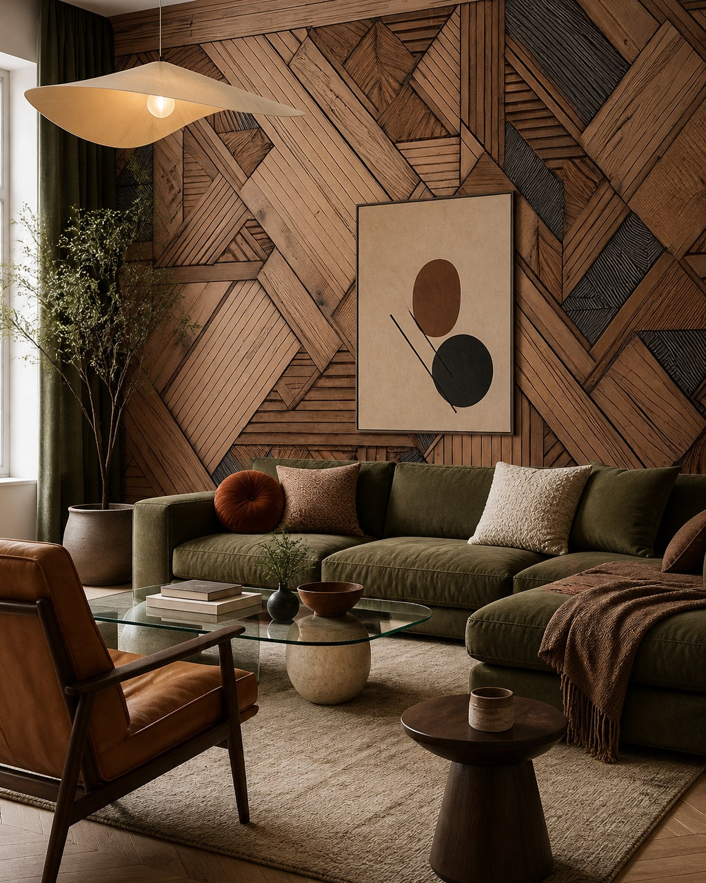 Geometric timber wallpaper in a designer living room.