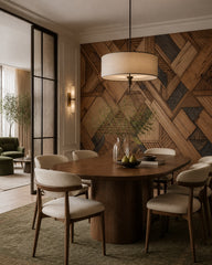 Geometric timber wallpaper in a refined dining area.