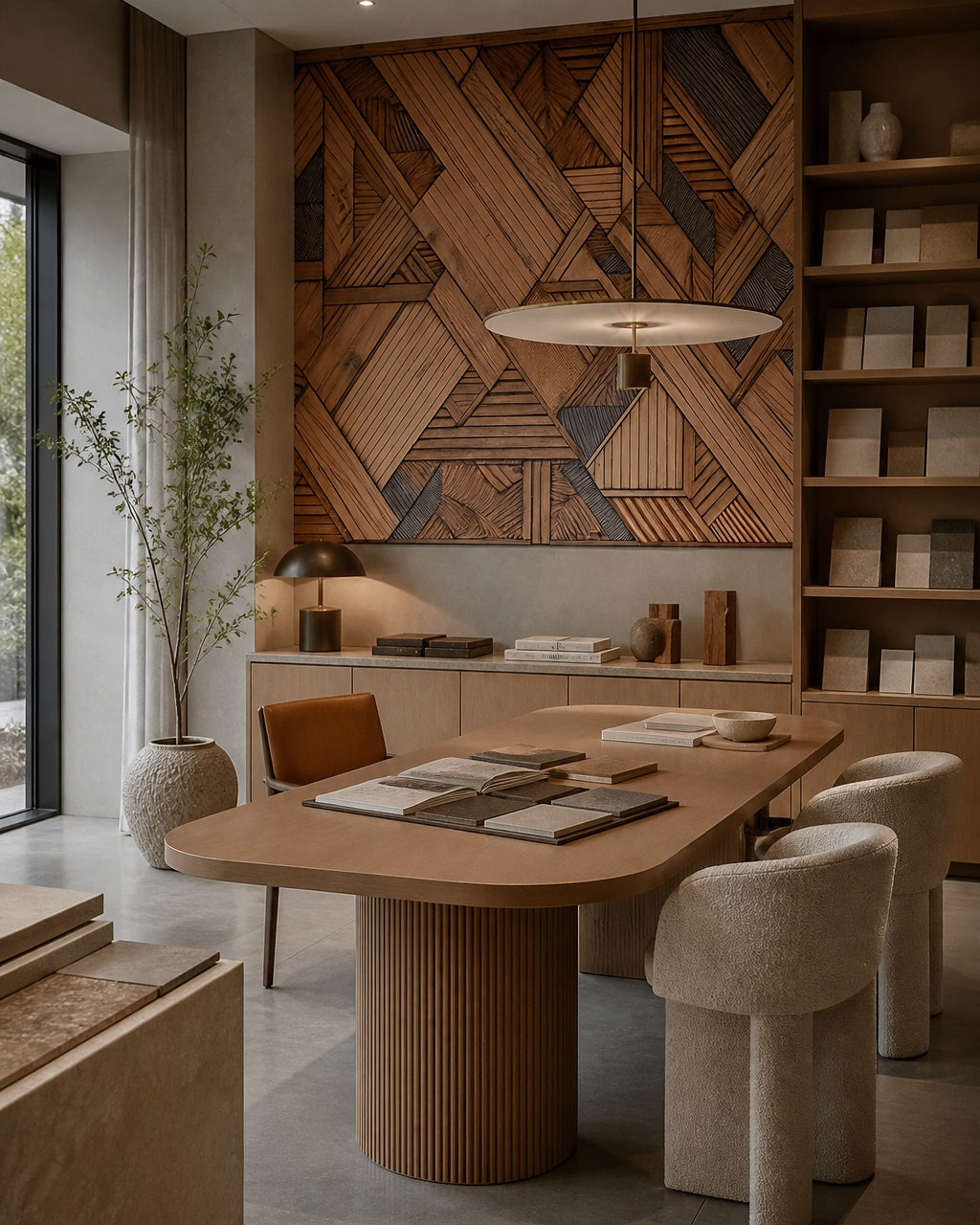 Geometric timber wallpaper in a design showroom.