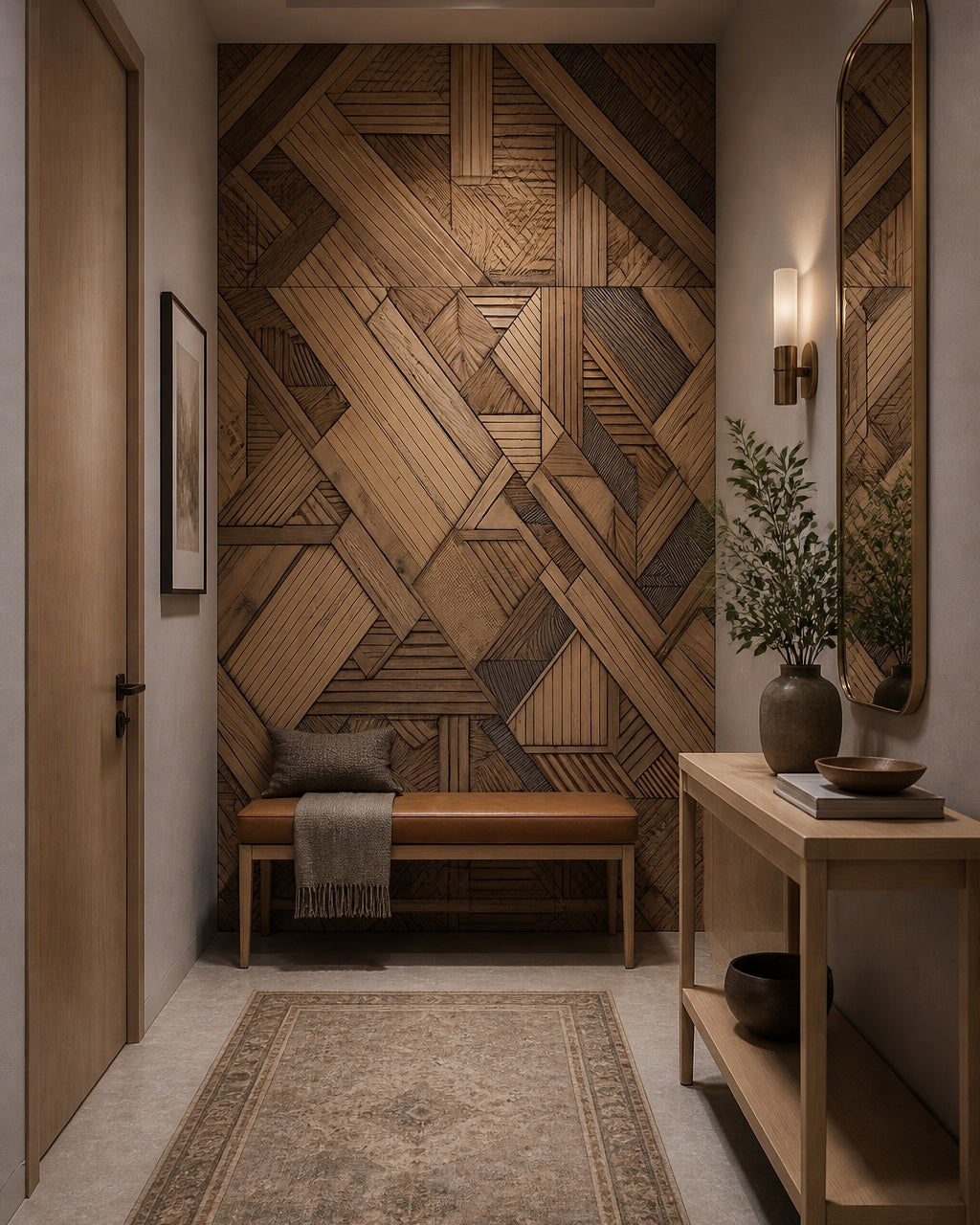 Geometric timber wallpaper in an architectural hallway.