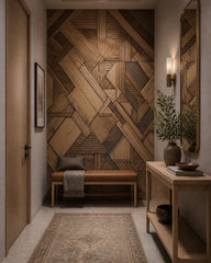 Geometric timber wallpaper in an architectural hallway.