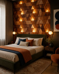 Glowing wooden triangle wallpaper in a designer bedroom.