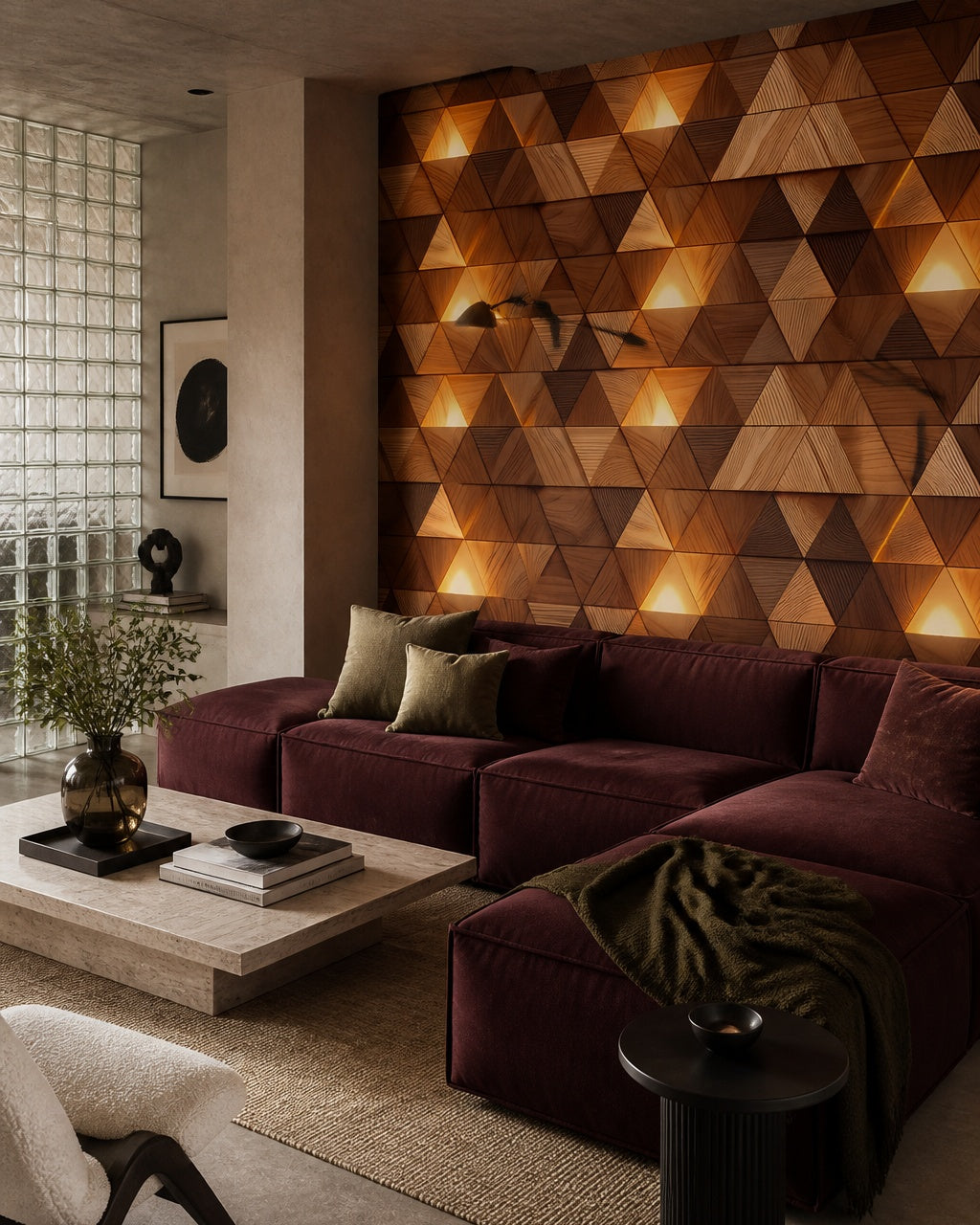 Glowing wooden triangle wallpaper in a designer living room.