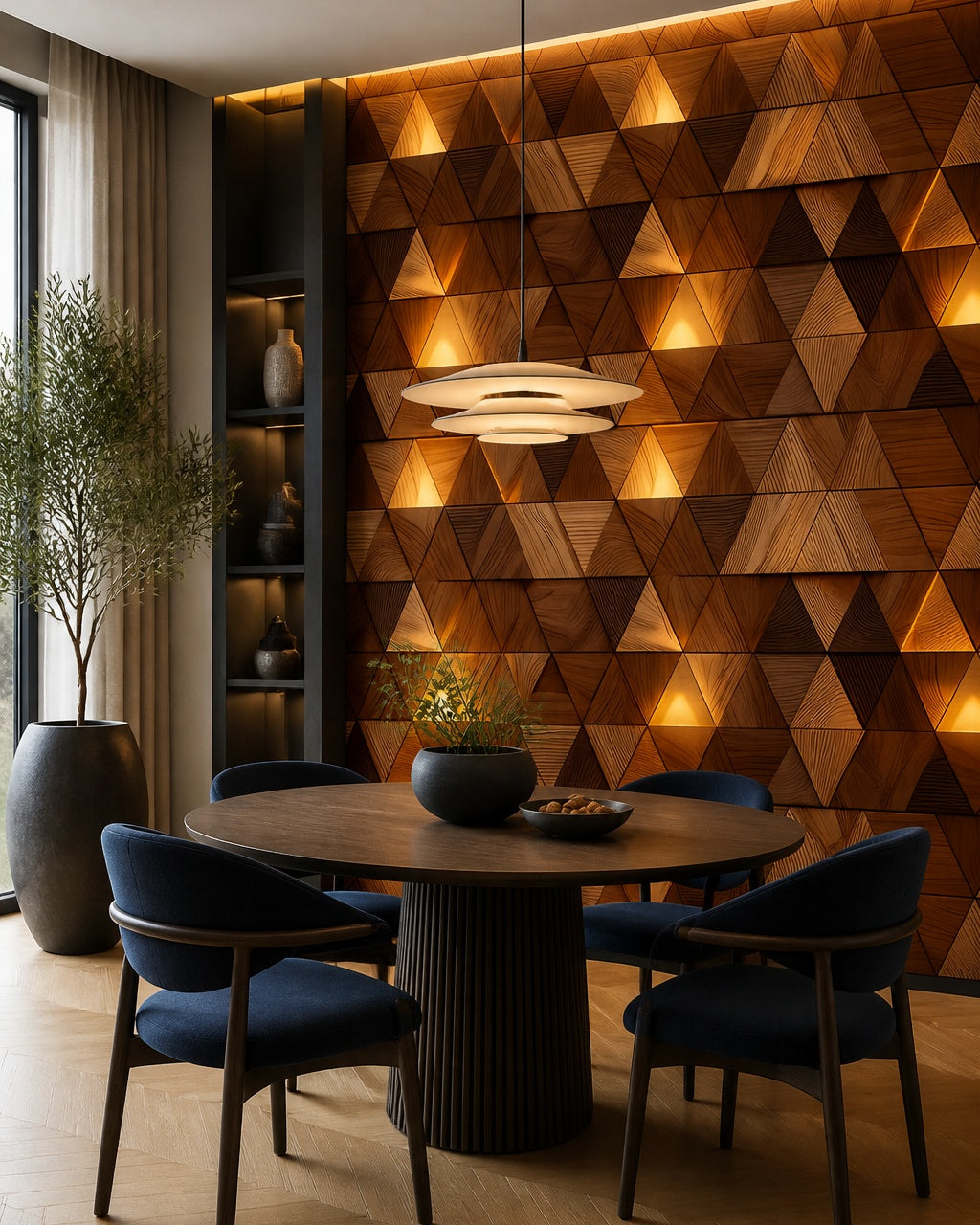 Glowing wooden triangle wallpaper in a refined dining area.