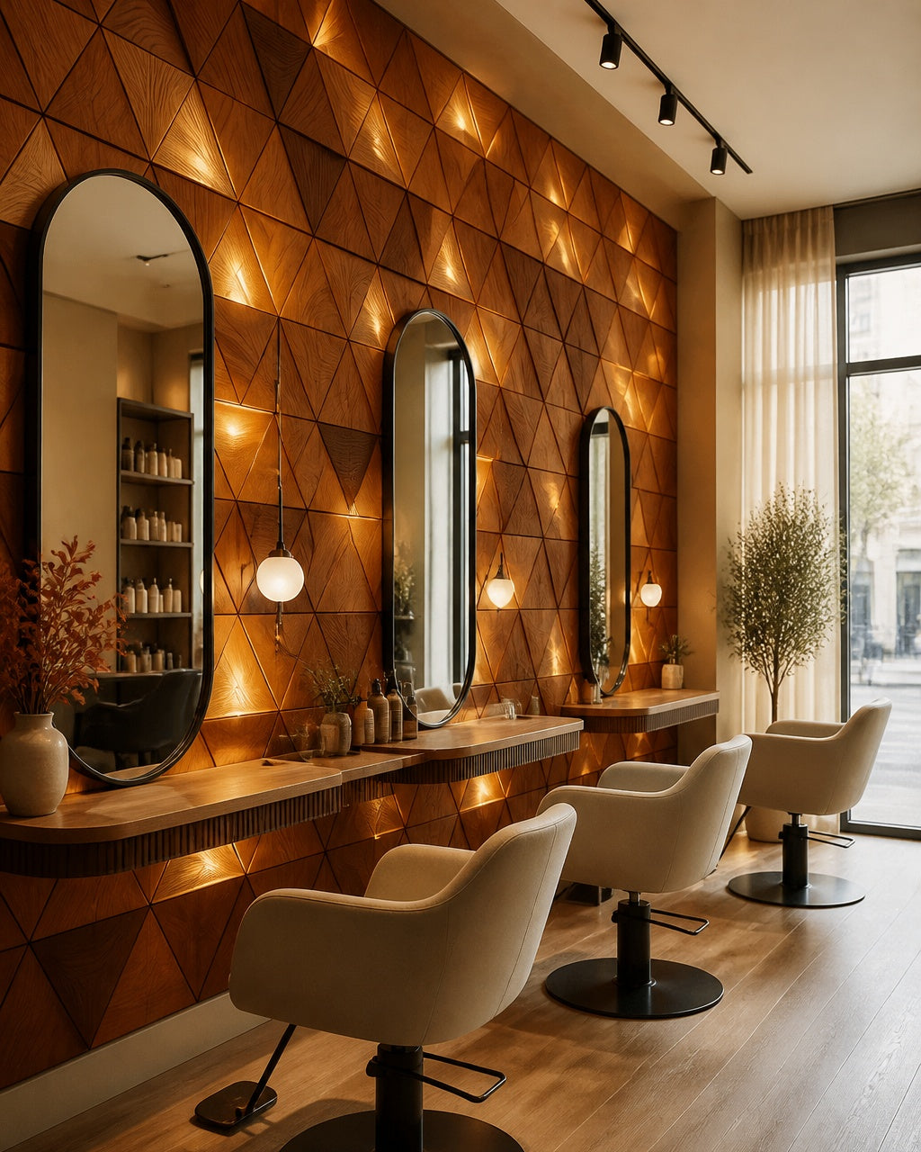 Glowing wooden triangle wallpaper in a beauty salon.