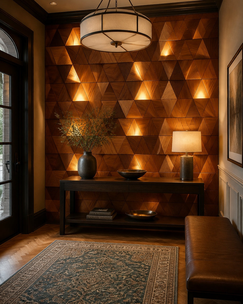 Glowing wooden triangle wallpaper in a refined foyer.