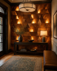 Glowing wooden triangle wallpaper in a refined foyer.