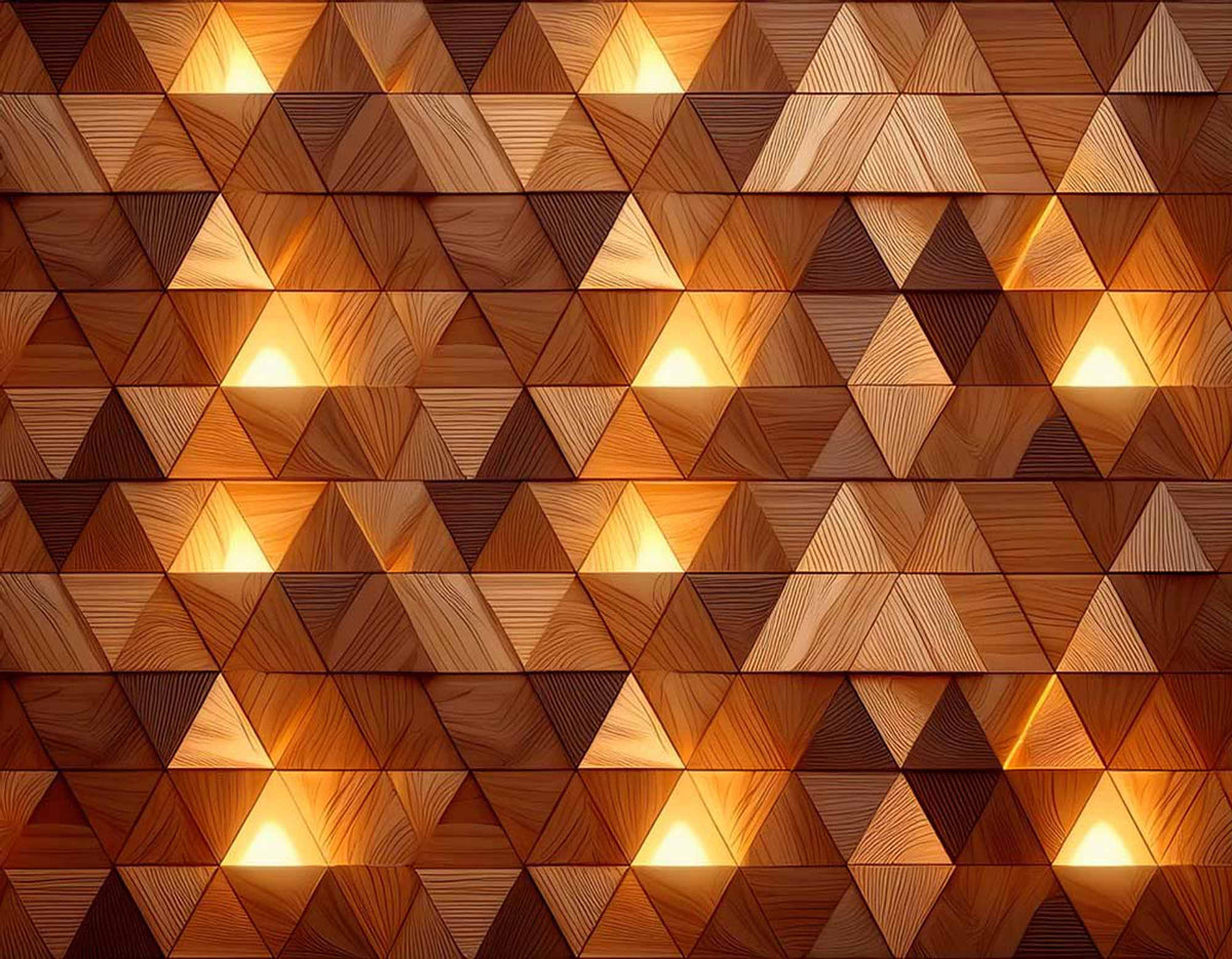 Papier peint triangle de bois lumineux – Papier peint panoramique motif de bois 3D rétroéclairé