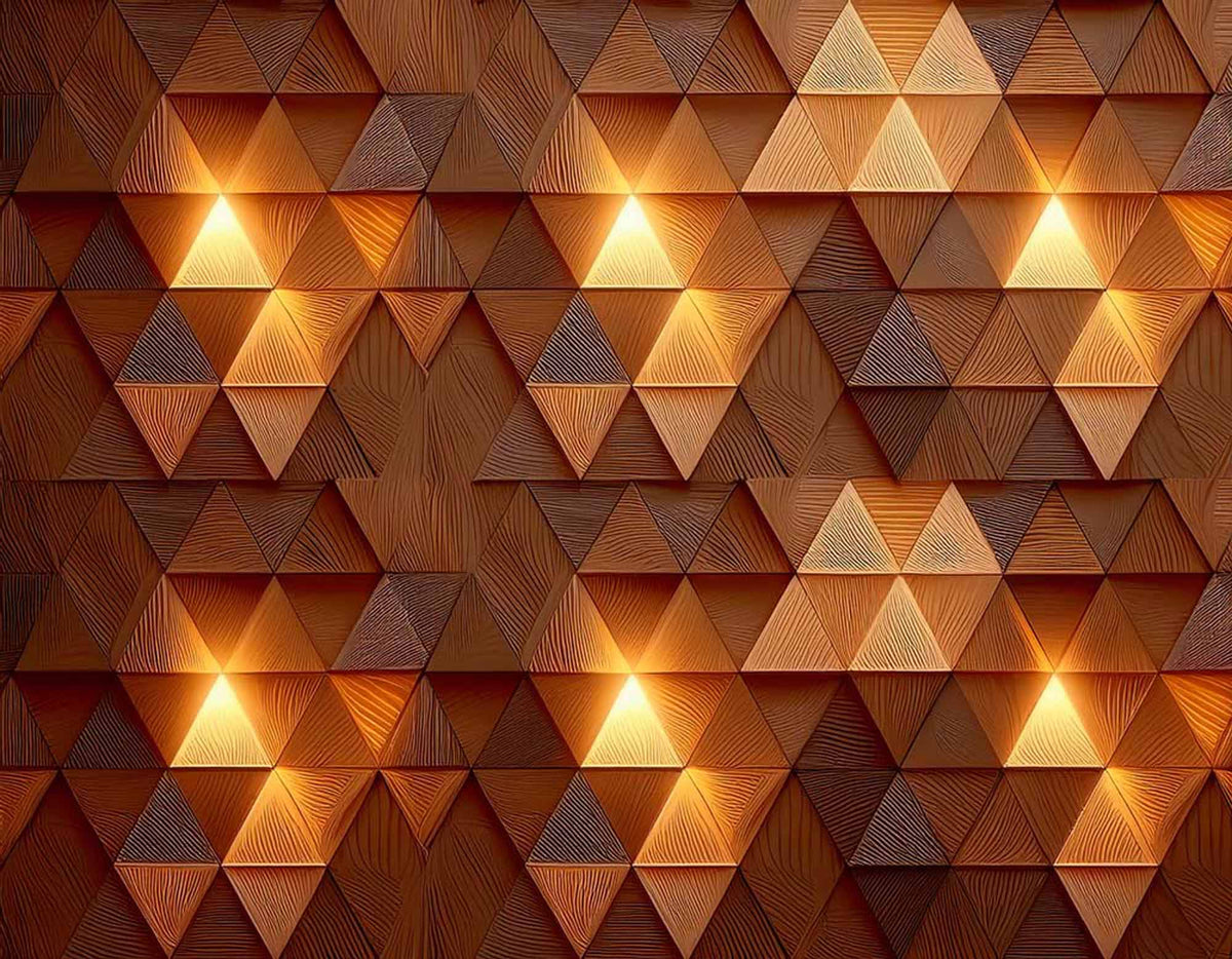 Papier peint triangles de bois 3D éclairés – Papier peint panoramique bois géométrique chaleureux