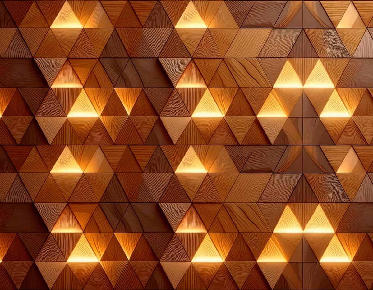 Verlichte houten driehoeken behang – 3D houtpaneel met gloeiend licht fotobehang