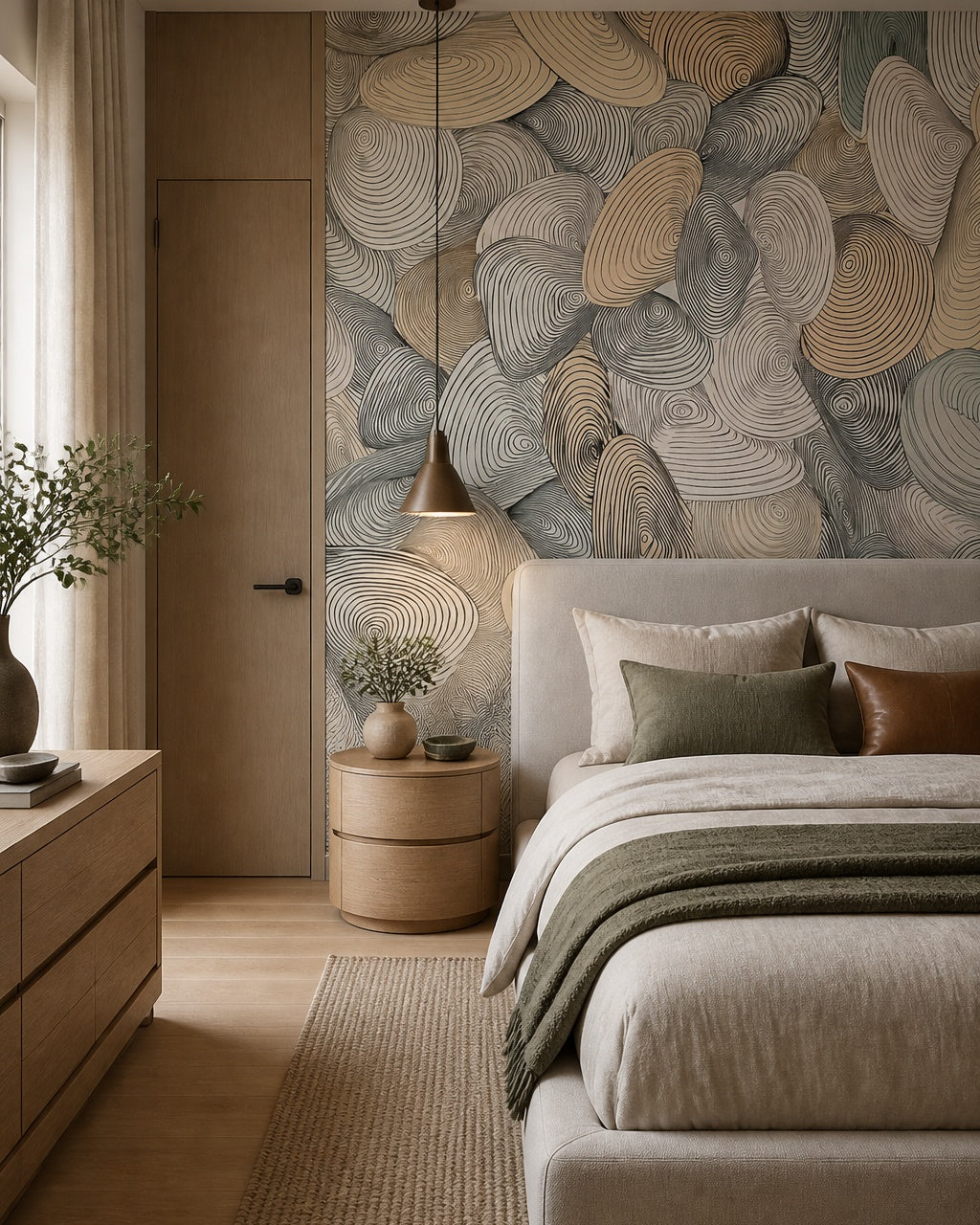 Organic swirl shapes wallpaper in a designer bedroom.