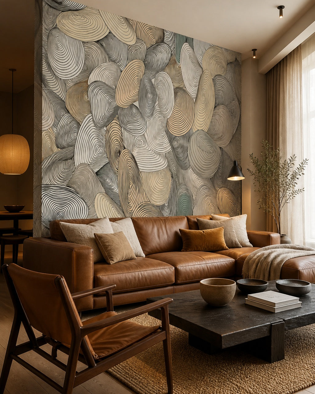 Organic swirl shapes wallpaper in a designer living room.