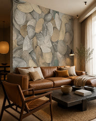 Organic swirl shapes wallpaper in a designer living room.